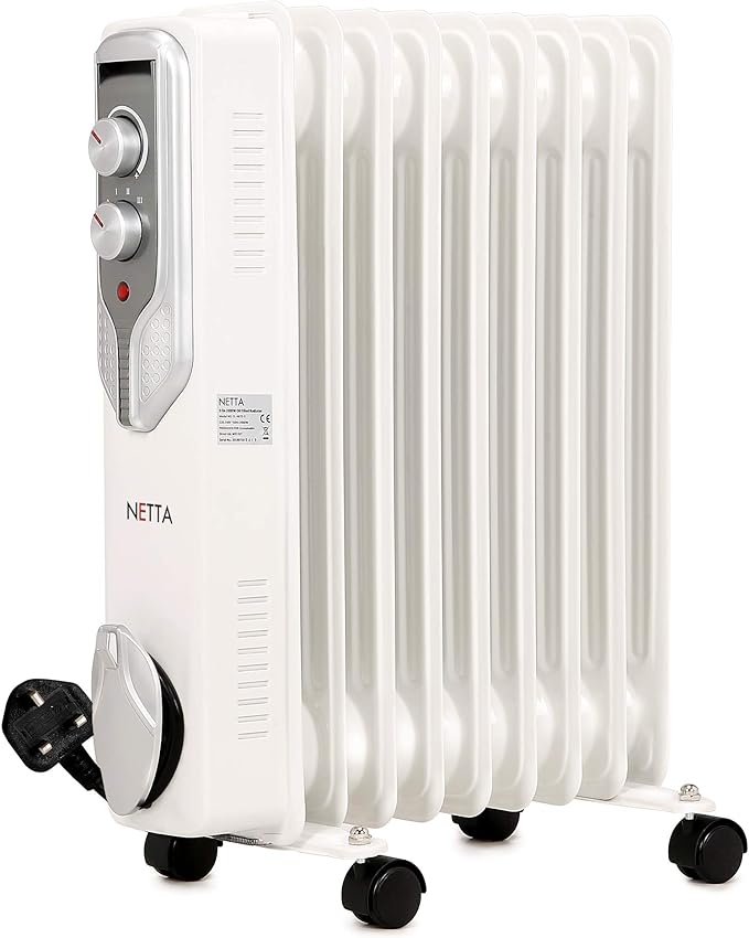 NETTA 2000W Oil Filled Radiator With Thermostat, Electric Portable Free Standing Energy NETTA 2000W Oil Filled Radiator With Thermostat, Electric Portable Free Standing Energy