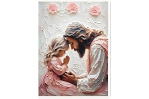 Jesus and Child Praying Wall Art – Christian Canvas Print, Religious Painting, Inspirational Jesus with Girl Poster, Biblical