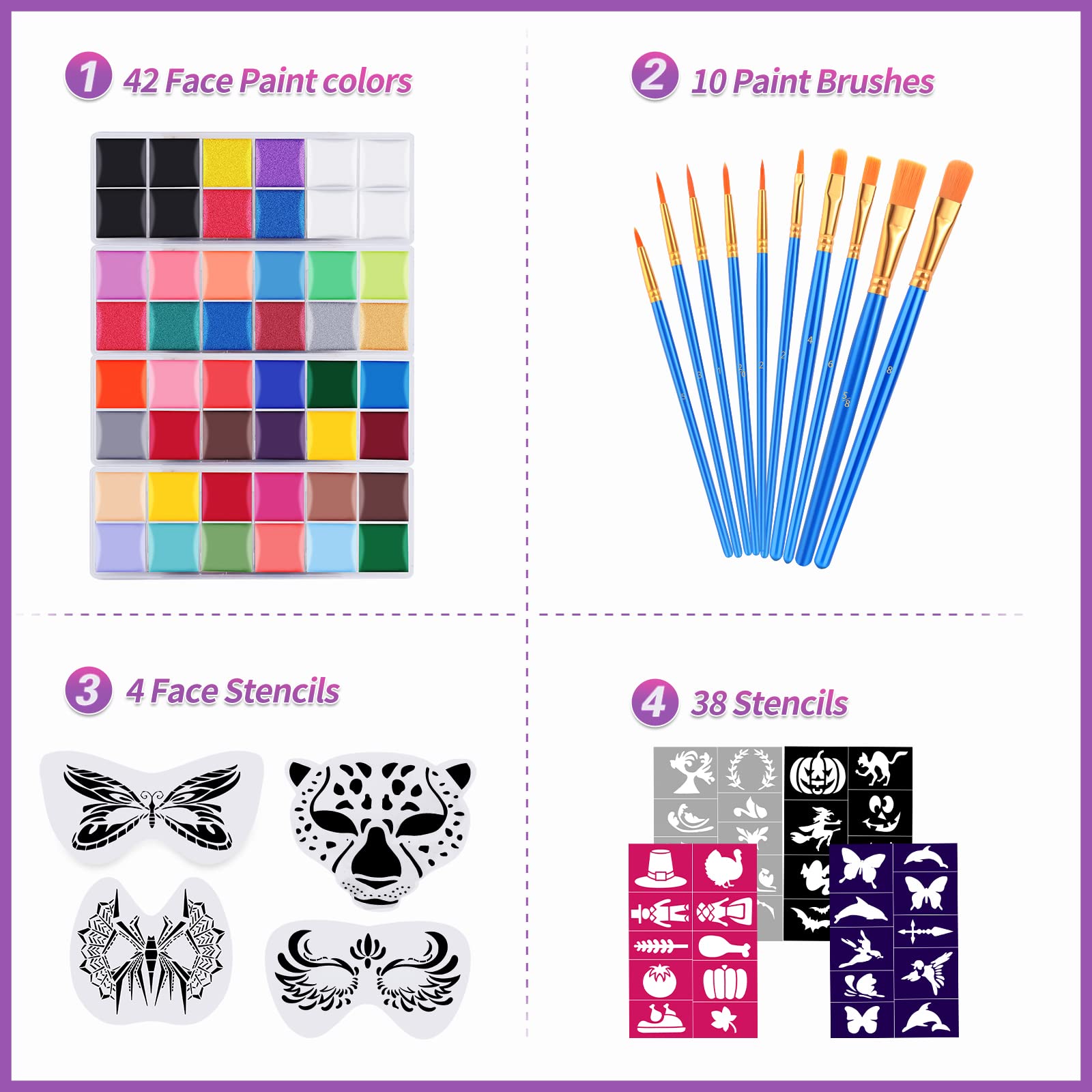 VESPRO Professional Face Body Paint Kit,42 Colors Oil Face&Body Paint Kit (26 Classic Colors+10 Metal Colors +6 UV Glow Colors) with 10 Size Brushes 4PCS Reusable Large Face Stencils and 4PCS Small Paint Stencils for Kids’ and Adults’ Halloween Makeup