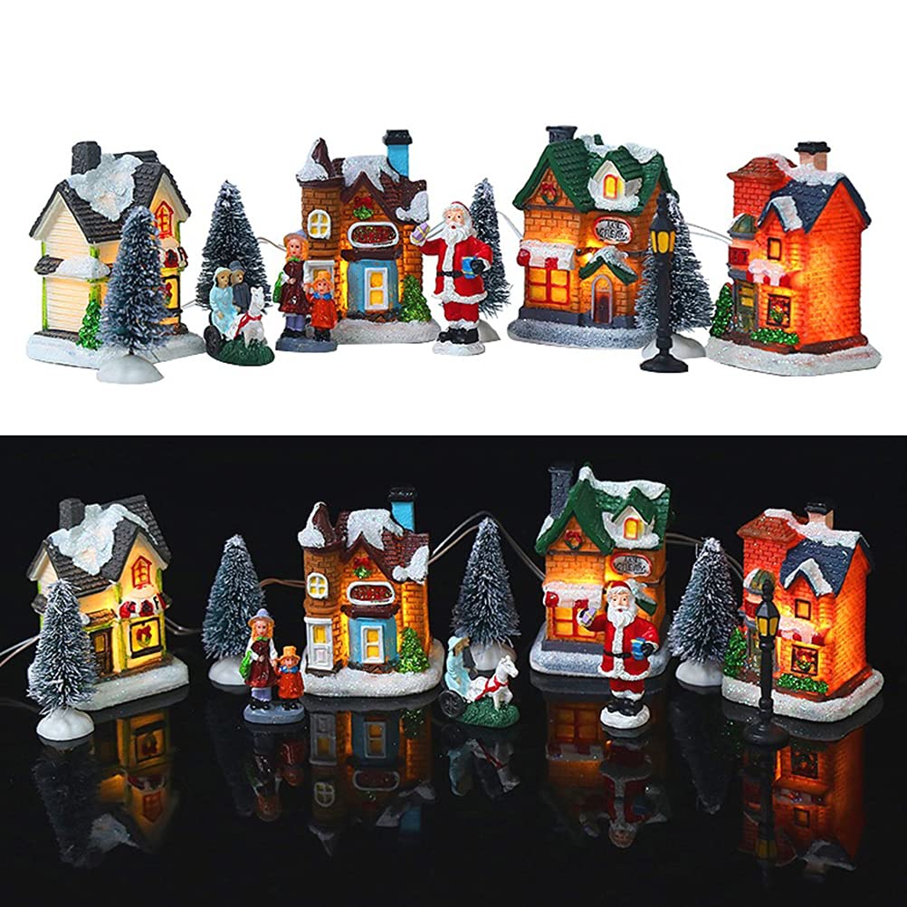 Tianbi Christmas Village Set,LED Christmas Village House,10Pcs Resin Christmas Scene Village, LED Lighted Miniature Houses Town, Christmas Figurines Ornament