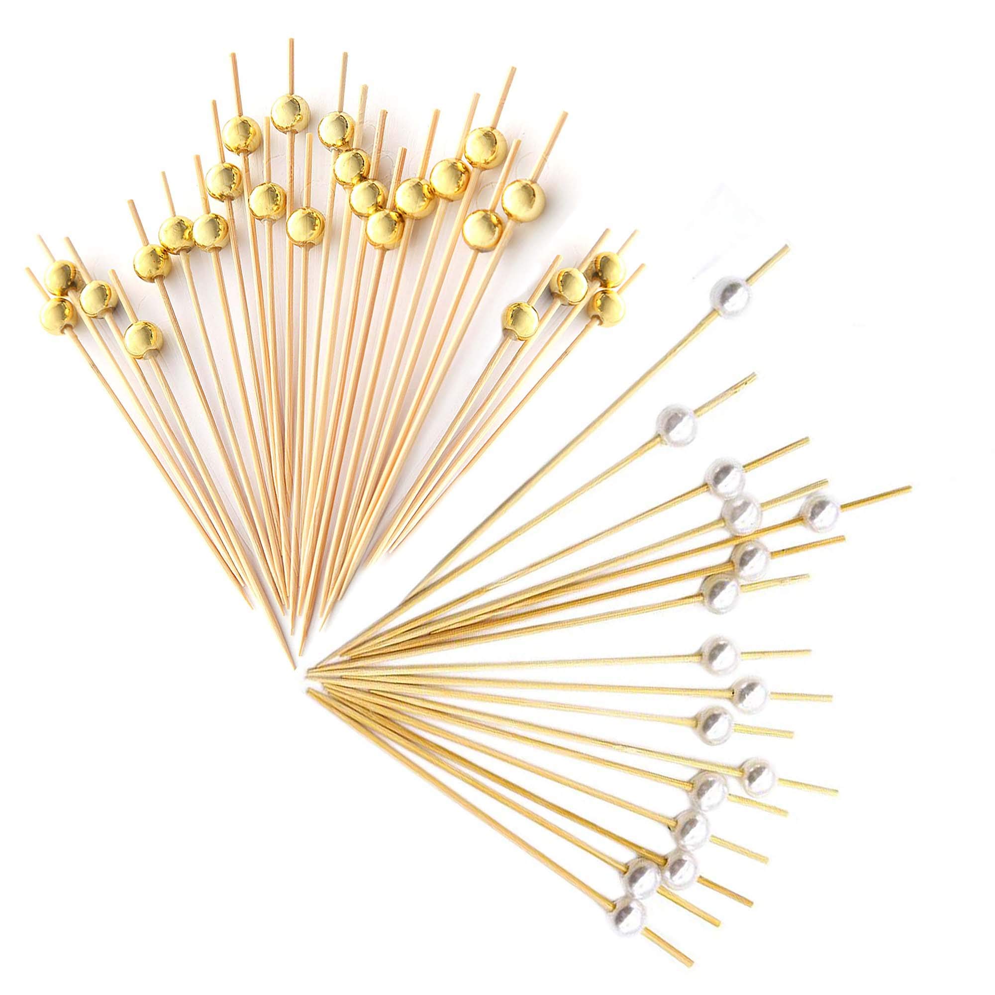 200 Cocktail Stick Fruit Sticks Bamboo Wooden Toothpicks, for Party Tapas Nibbles Sandwich Canapes Appetiser Fruit Skewer BBQ (Golden, White Pearl)