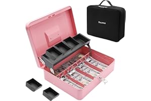 Polspag Cash Box with Bag, Metal Money Box with Money Tray, Large Locking Cash Boxes with Lock, Deluxe Lock Safe Box, Portable Cash Box with Adjustable Coin Box, 4 Bill 5 Coin Slots, 2 Keys, Pink