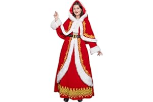 Halfjuly Mrs Claus Costume for Women 3PCS Adult Miss Santa Clause Dress Plus Size Outfit Suit Christmas with Hooded Cape Belt