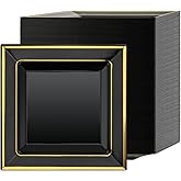 SEHOI 120 PCS 6.5 Inch Black Square Plastic Plates, Disposable Square Dinner Plates with Gold Rim, Small Disposable Salad Dessert Cake Plates for Wedding/Party, Catering, Housewarming