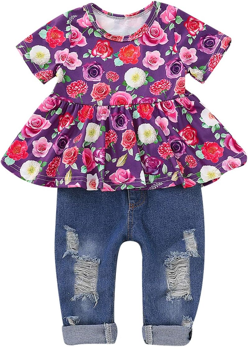 CARETOO Girls Clothes Outfits, Cute Baby Girl Floral Long Sleeve Pant Set Flower Ruffle Top