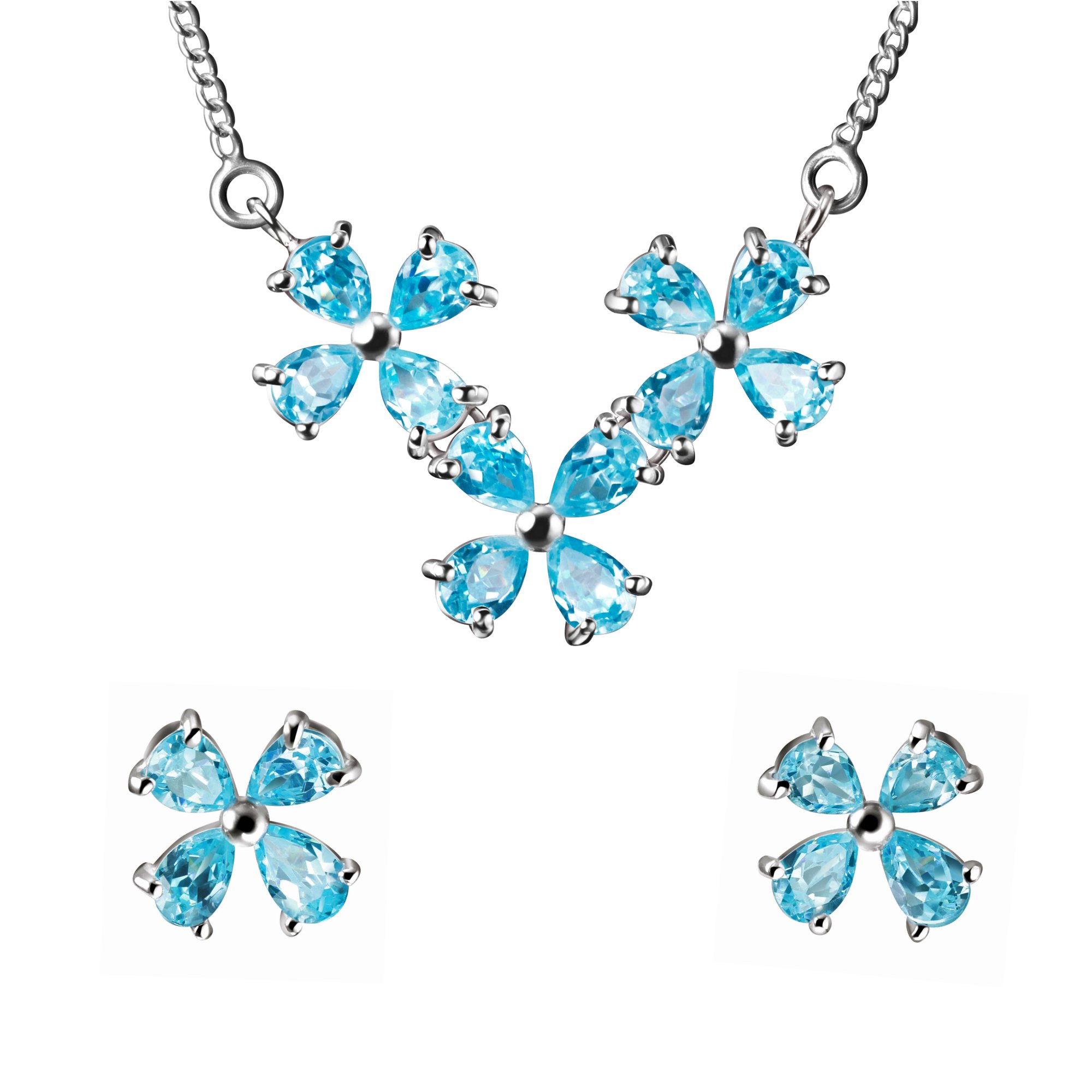 Franki Baker Aquamarine Blue Coloured CZ Flower Necklace & Earring Set on Sterling Silver