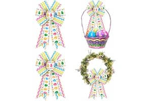 ALIBBON 2Pcs Easter Bows for Wreaths, Spring Easter Wreath Bows, Easter Egg Flower Bows for Crafts, Easter Decor, Green Yellow Blue Pink Wavy Line Burlap Bows for Wreath Indoor Outdoor Decorations