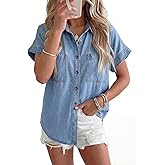 Sidefeel Women's Button Down Denim Shirt Collared Short Sleeve Jean Shirt Blouse with Pockets