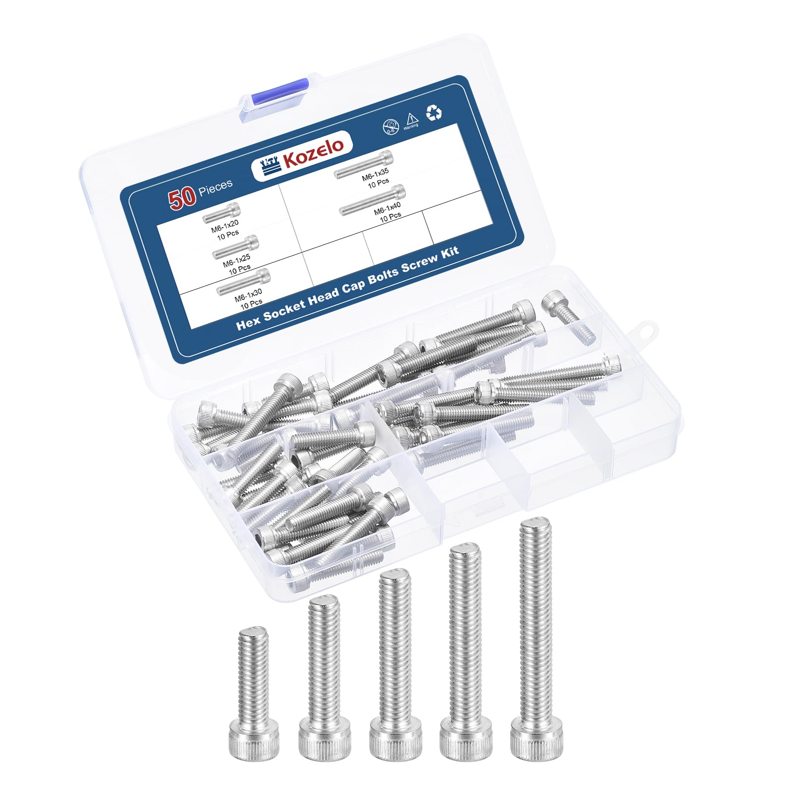 Kozelo 50pcs M6 Socket Head Cap Screws Bolts Nuts Assortment Kit - [M6x20/25/30/35/40mm] 304 Stainless Steel Allen Socket Drive for 3D Printer with Allen Wrench — image 1