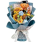 Hlenbin Graduation Gifts Crochet Flowers Bouquet, Handmade Sunflower Rose Bear Graduations Flower Bouquet for Birthday, Teacher Appreciation Gifts, Christmas, Home Décor (Include Card) Blue