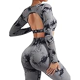 SUUKSESS Open Back Long Sleeve Scrunch Butt Booty Leggings Seamless Ribbed Workout Sets 2 Piece Outfits