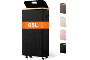Vincona Laundry Basket with Wheels, Tall Dirty Clothes Hamper on Wheels, Rolling Laundry Hamper with lid for Dorm, Bedroom and Bathroom (Black, 65L)