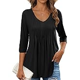 MEROKEETY 3/4 Length Sleeve Womens Tunic Tops Summer Dressy Casual Pleated Loose Fit Shirt Blouses