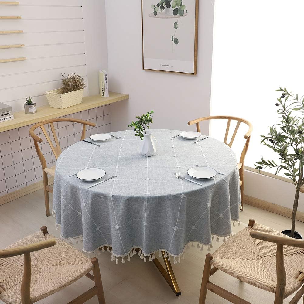 SPRICA Round Tablecloth, Cotton Linen Tassel Table Cover for Kitchen Dinner Table, Decorative Jacquard Table Desk Cover, Diameter 150cm/60in, Cross Pattern Gray: Furniture & Decor
