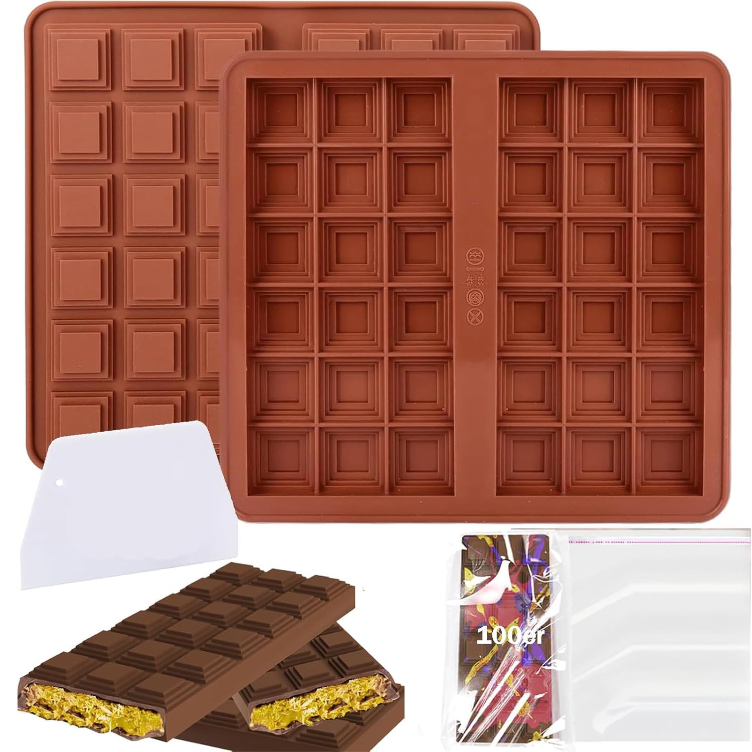 Sadodo Silicone Chocolate Bar Mould,Pack 2PCS with 100 Bags and Cream Scraper,Dubai Pistachio Jam Chocolate DIY,Square Flat Tower Biscuit Mold