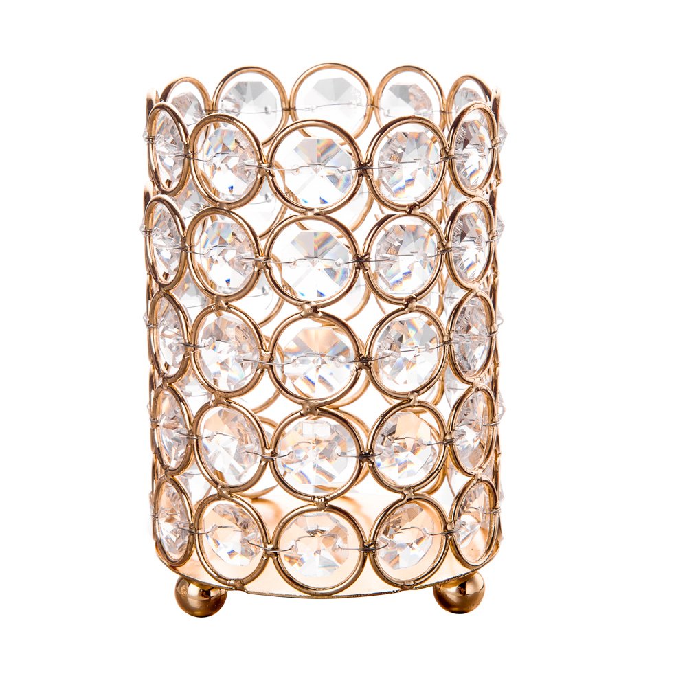 Feyarl Crystal Beads Candle Holder Votive Cylinder Candle Lantern Makeup Brush Holder with 5 Layers Beads for Wedding Home Christmas Deco Gift with LED Candle (Gold)