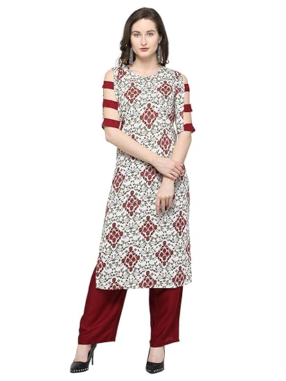 KANCHNAR Womens Rayon Printed Kurti(White Multicoloured Round Neck Cut Sleeves Kurti)