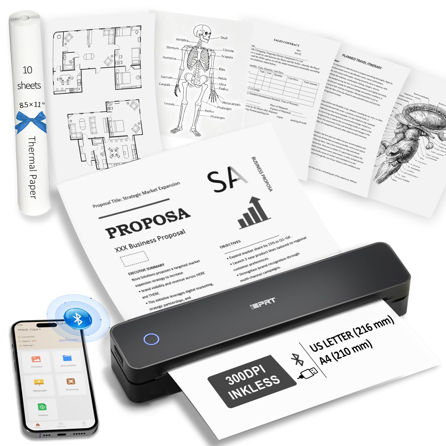 Photo 1 of Inkless Portable Printer for Travel, 300DPI Wireless Thermal Printer Support 8.5" x 11" US Letter, A4, MT610Pro Small Bluetooth Printers Compatible with iOS, Android Laptop for Home Office Car, Black
