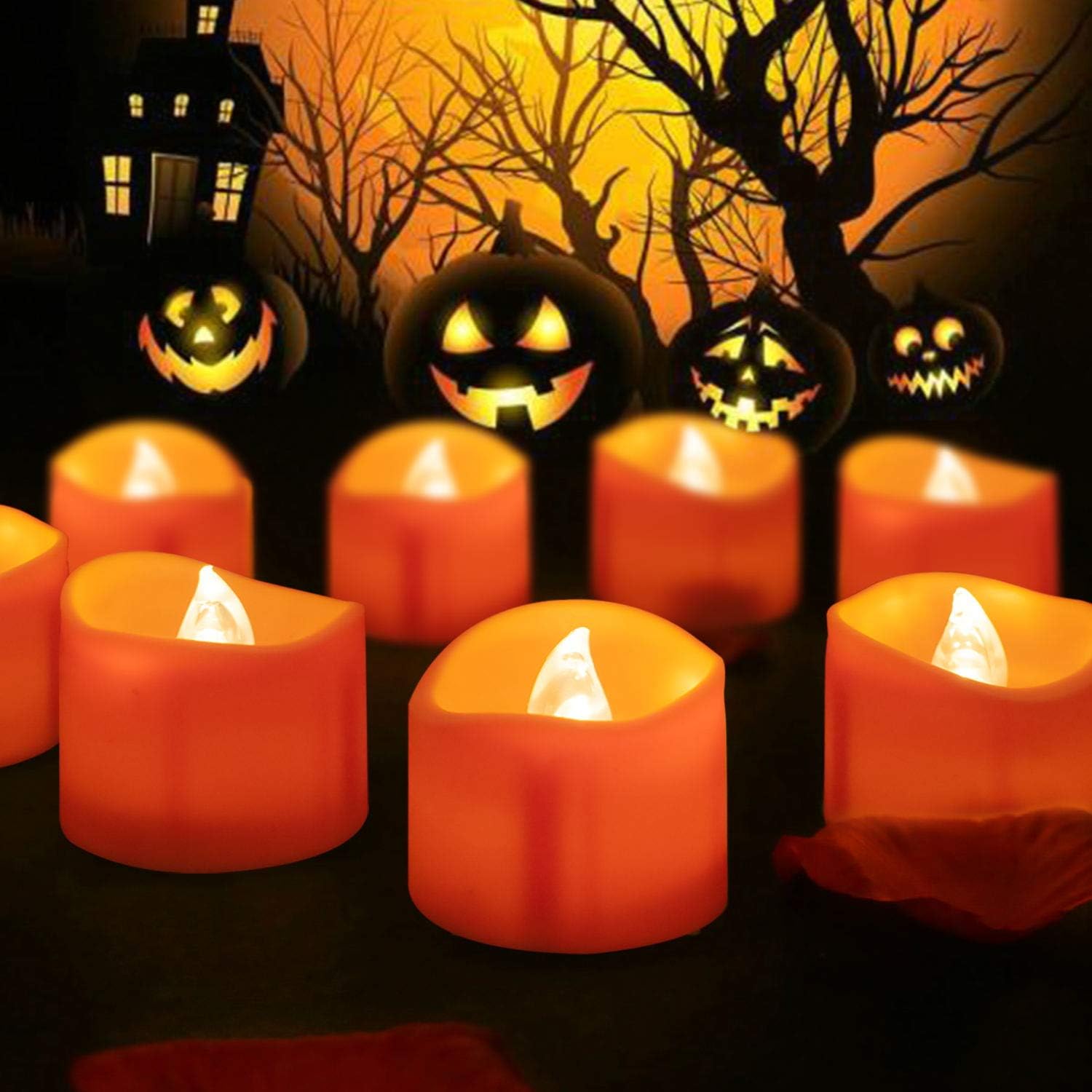 Lighting - Beichi 24 Pack Halloween Tea Lights, Realistic Orange Tea Candles, Battery Operated Flameless Tealights for Halloween, Fall Decorations