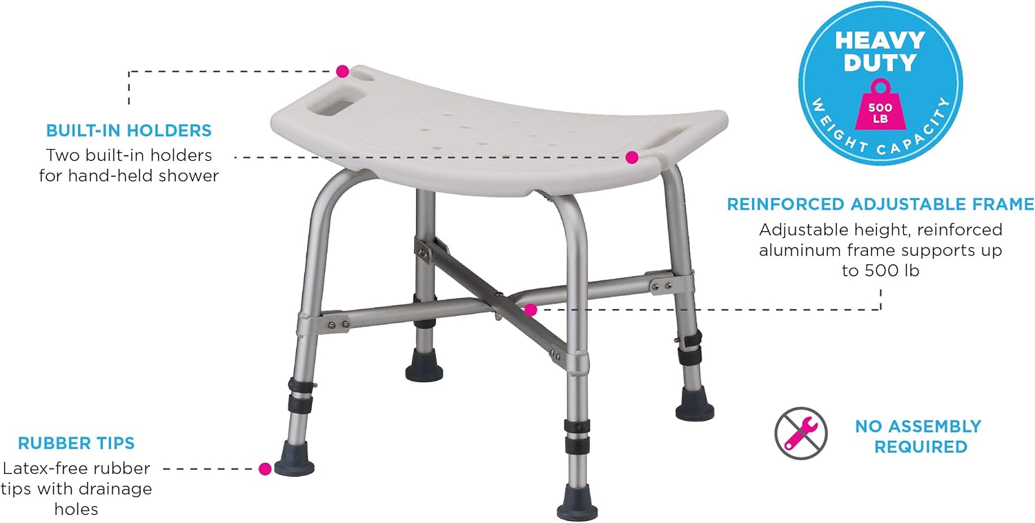 Nova Heavy Duty Shower & Bath Chair, 500 lb. Weight Capacity, Quick & Easy Tools Free Assembly, Lightweight & Seat Height Adjustable, Great for Travel: Health & Personal Care