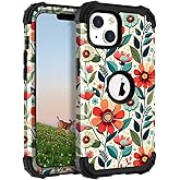 TEECOVER for iPhone 13/14 Case, Heavy-Duty Shockproof Full Protection Hard Plastic Bumper + Soft Silicone Rubber Protective Case for iPhone 13/14-6.1-Inch, Red Flowers