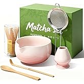 HUSHHAVN Matcha Whisk Set, Ceramic Matcha Set Includes Bowl & Holder, Bamboo Whisk (Chasen), Scoop, Spoon and Sifter, 6PCS Matcha Kit Covers Everything Needed for Making Matcha (Pink)