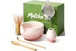 HUSHHAVN Matcha Whisk Set, Ceramic Matcha Set Includes Bowl & Holder, Bamboo Whisk (Chasen), Scoop, Spoon and Sifter, 6PCS Matcha Kit Covers Everything Needed for Making Matcha (Pink)