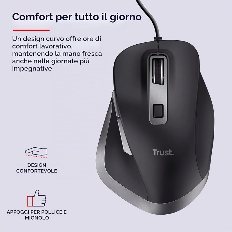 Fyda Mouse con Filo 600-5000 DPI, 6 Pulsanti, Forma Sagomata, Nero