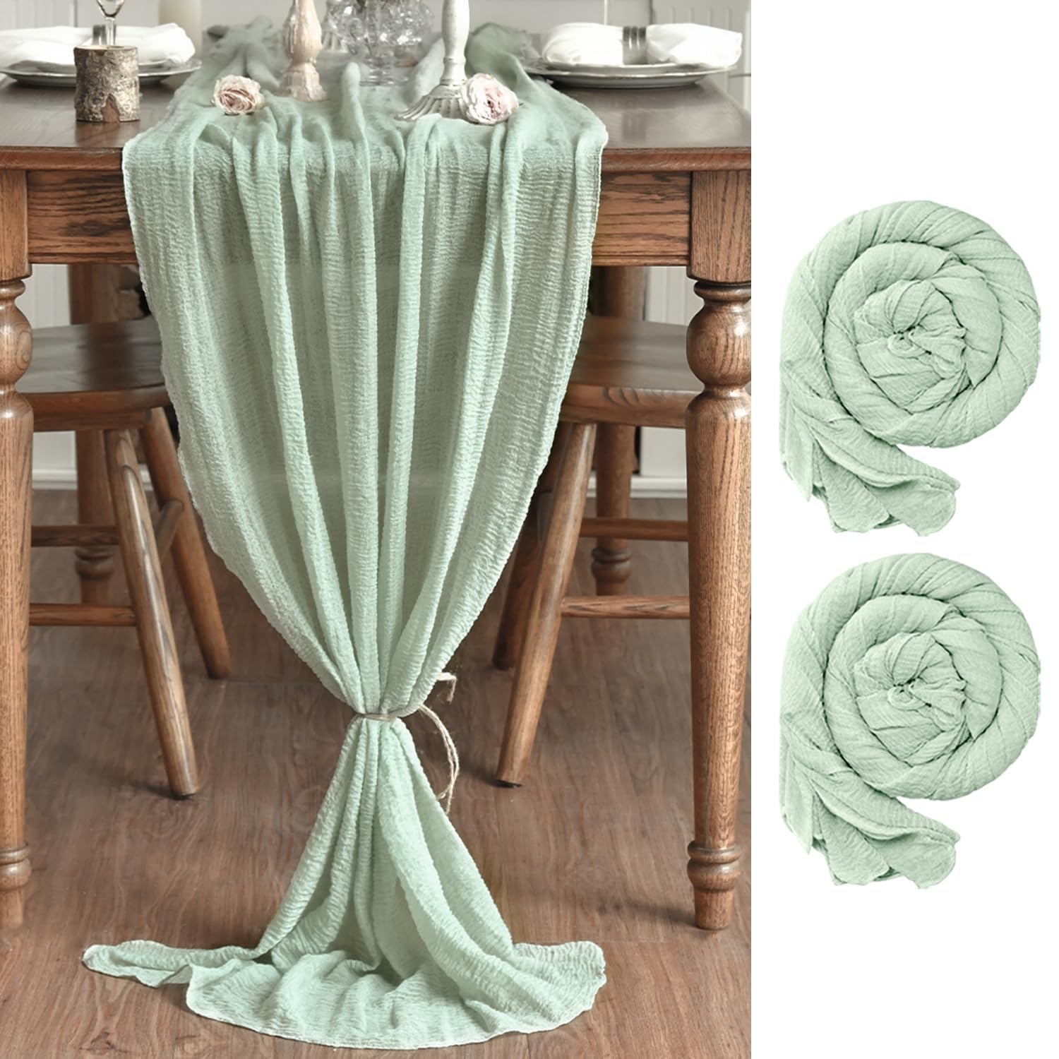 Artoid Mode Boho Sage Green Gauze Wedding 2 Packs Cheesecloth 300 cm Table Runner, Bridal Fabric Kitchen Dining Holiday Table Decor for Home Party — image 1
