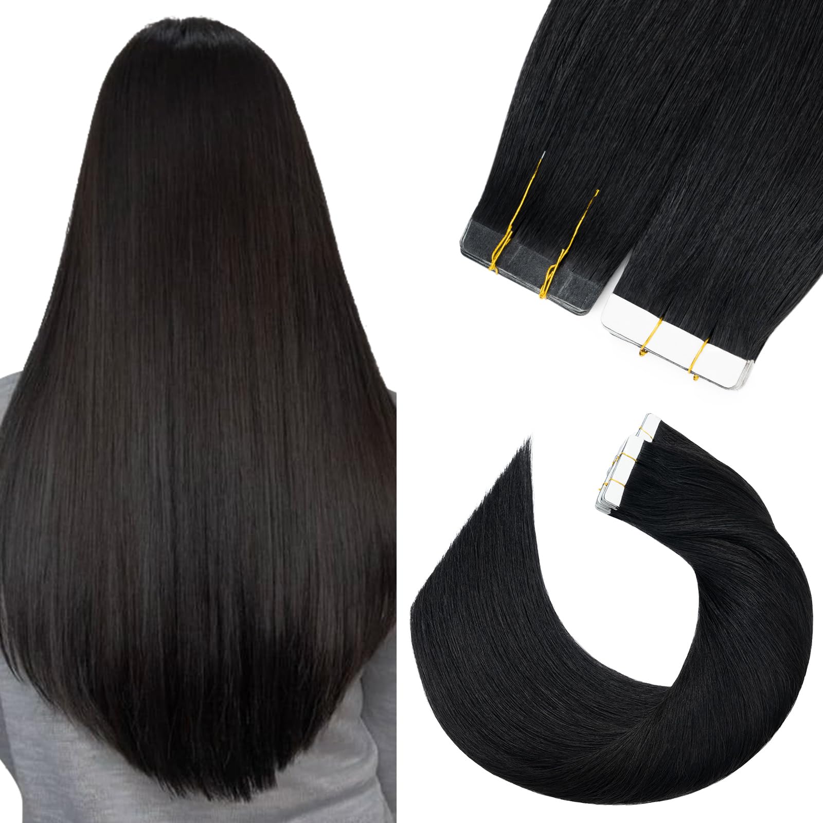 Silk-co 24inch Tape in Remy Human Hair Extensions 20Pcs #01 Jet Black Invisible -Skin Weft- Real Hair Extension Long Straight