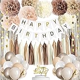 Iysoll Birthday Decorations for Women Boho Happy Birthday Party Decorations Banner Nude Ivory Retro Neutral Balloon Paper Pom Poms Décor Supplies for Girls