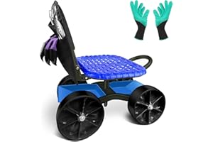 i COVER Garden Cart Rolling Stool Four Wheels with Tool Bag and Two Patio Gloves, Stable Workseat Sturdy Carts Adjustable Seat Height and Direction, Gardening Helper
