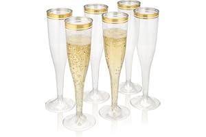 PERFECT SETTINGS TABLEWARE AND PARTY DECORATIONS Perfect Settings 100 Pack Plastic Champagne Flutes with Gold Rim | Disposable Glasses for Parties, Mimosa Bar, Weddings and Showers