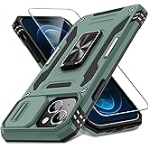 DEERLAMN Case for iPhone 15 Plus with Slide Camera Cover+Screen Protector(1 Pack), Rotated Ring Kickstand Military Grade Shockproof Protective Cover 6.7 Inch-Green