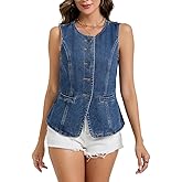 EZAPINE Denim Vest Top for Women Sleeveless Blazer Jean Vest Button Down Crewneck Waistcoat Tank Top