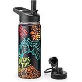 Skyflora 18oz Insulated Water Bottle with Straw Lid & Spout Lid, Game Time, Gift for Kids Boys Girls Student Sports Travel Fitness Hiking Outdoors, Double Wall, Hands Wash Only, Black