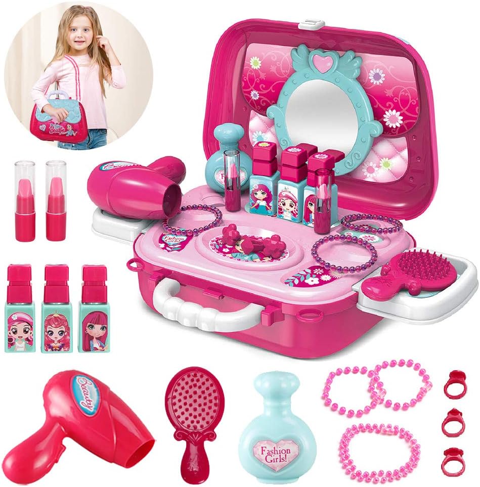 Pickwoo Pretend Makeup for Girls, Little Girls Princess Makeup Set with Complete Makeup Salon 2-in-1 Portable Case Belt for Toddlers, Makeup Kit for Girls Pretend Game, Makeup Toy Set for Kids Gifts