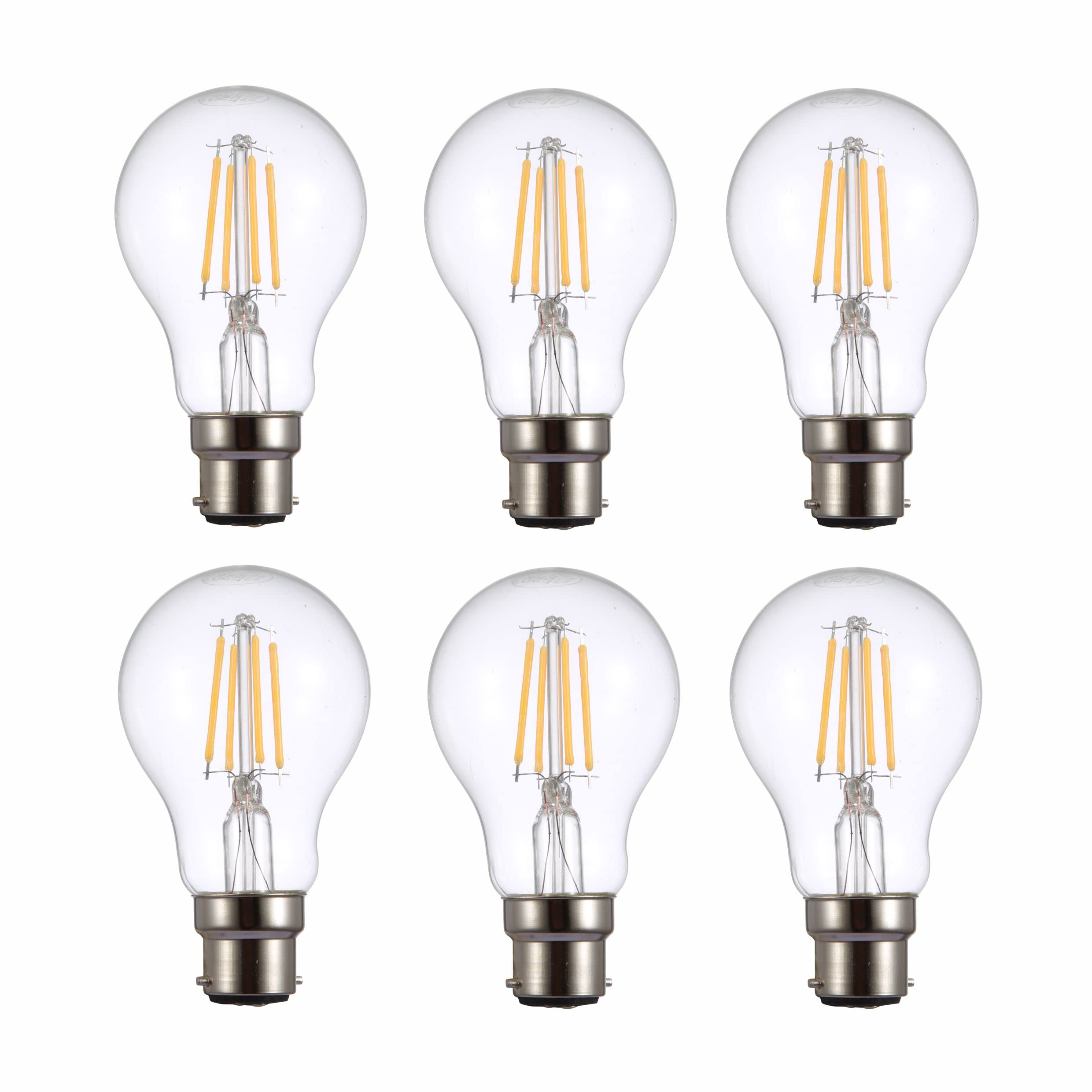 TEKLED® A60 Filament Vintage LED Bulbs | B22 Bayonet Cap | Energy Saving 4W Light Bulb 40W Equivalent | NONDIMMABLE Clear 2700K 400LM | 6-Pack | Warm White