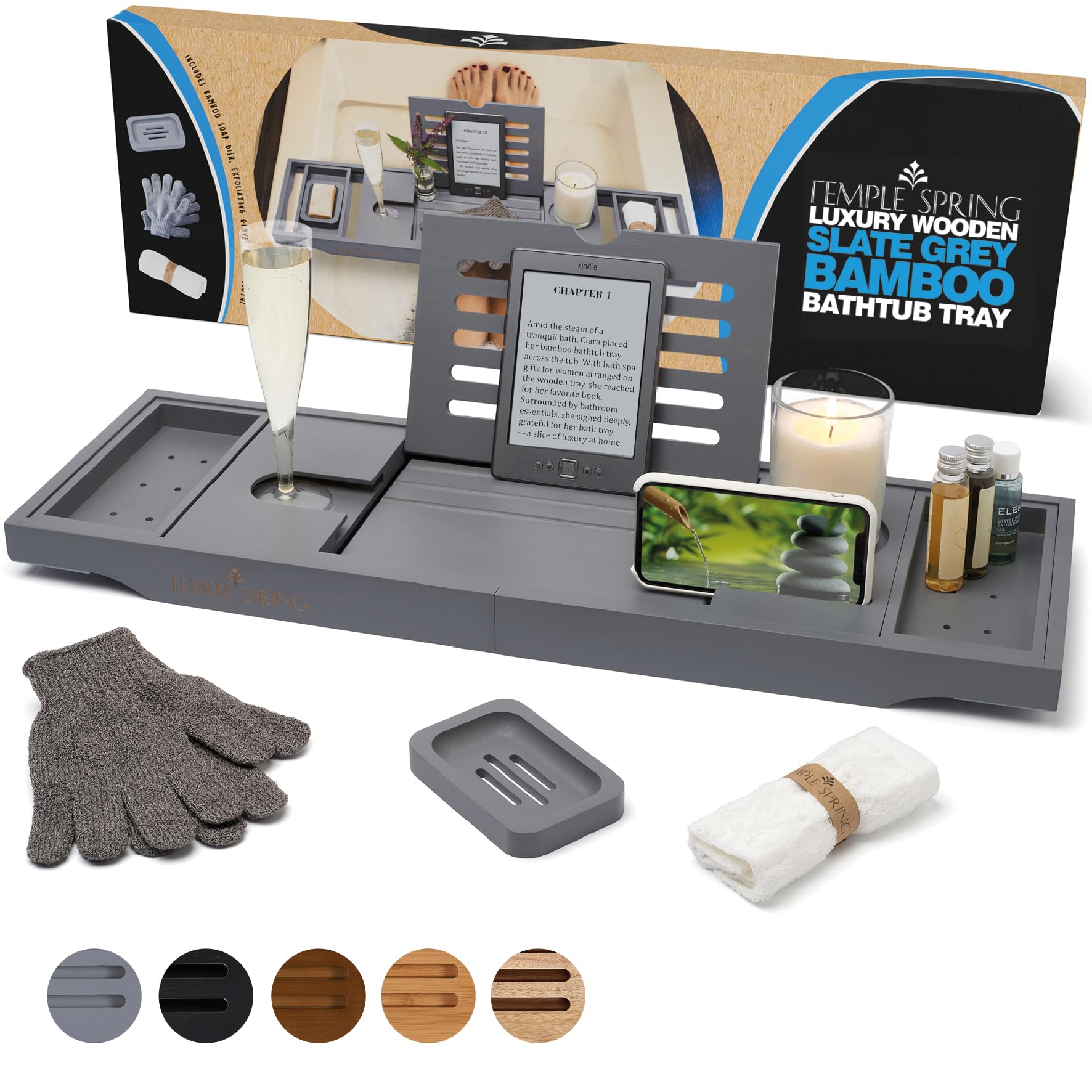 Temple Spring Wooden Bath Tray, Bath Shelf Bathroom Accessory, Home Spa Boards for Adults, Bathtub Caddy, Bamboo Bathroom Accessories Set, Extendable Bathtub Rack with iPad & Phone Holder - Slate Grey