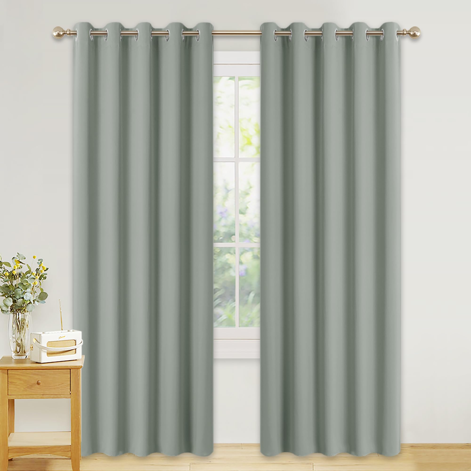 PONY DANCE Sage Green Curtains for Living Room 2 Pieces 90 Inch Drop - Blackout Curtains Eyelet Large Door Thermal Insulated Panels for Bedroom Office Sliding Glass Door, 66 x 90 Inches