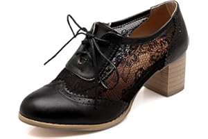 SHEMEE Womens Lace Mesh Stacked Chunky Heel Wingtip Oxfords Round Toe Block Heels Lace-Up Pumps Work Office Dress Shoes