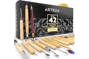 Arteza Pottery & Polymer Clay Tools, 42-Piece Sculpting Set, Steel Tip Tools with Wooden Handles, for Pottery Modeling, Smoothing, Carving & Ceramics