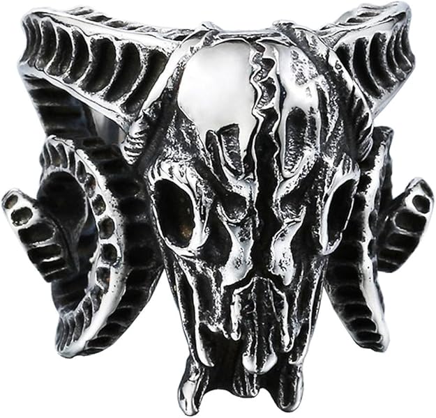 HIJONES Hombre Acero Inoxidable Vintage Plata Tono Negro Cuerno De Cabra Calavera Anillo De Estilo Abierto