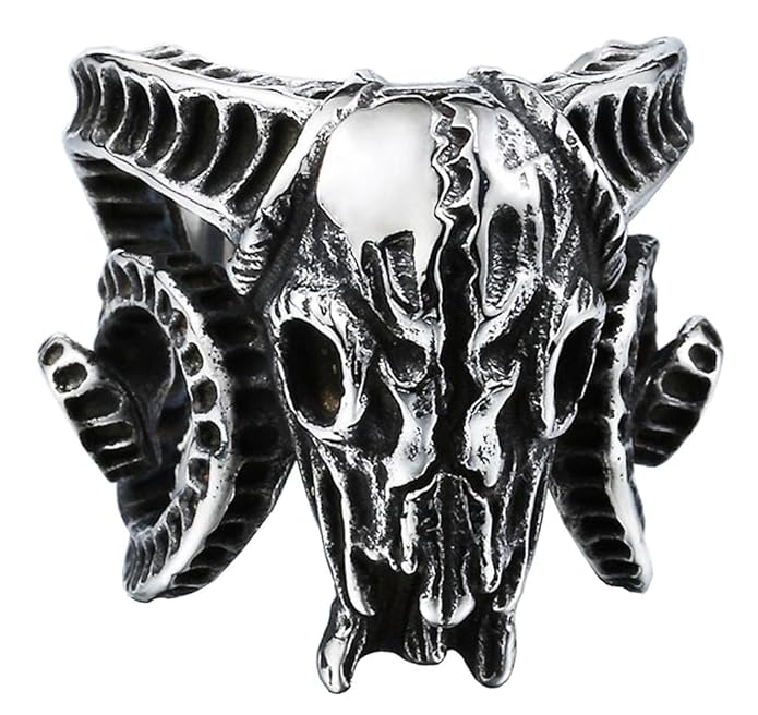 HIJONES Herren Edelstahl Vintage Silber Ton Schwarz Horn Ziege Schädel Ring Open End Stil