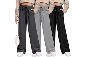 LessonZoo 3 Pack Girls' Sweatpants Wide Leg Drawstring Casual Kids Joggers Open Bottom Loose Solid Teen Pants with Pockets