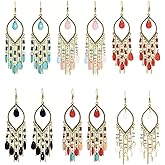 6 Pairs Bohemian Vintage Ethnic Style Drop Earings, Faux Feather Tassel Rhinestone Long Drop Dangle Earings for Women