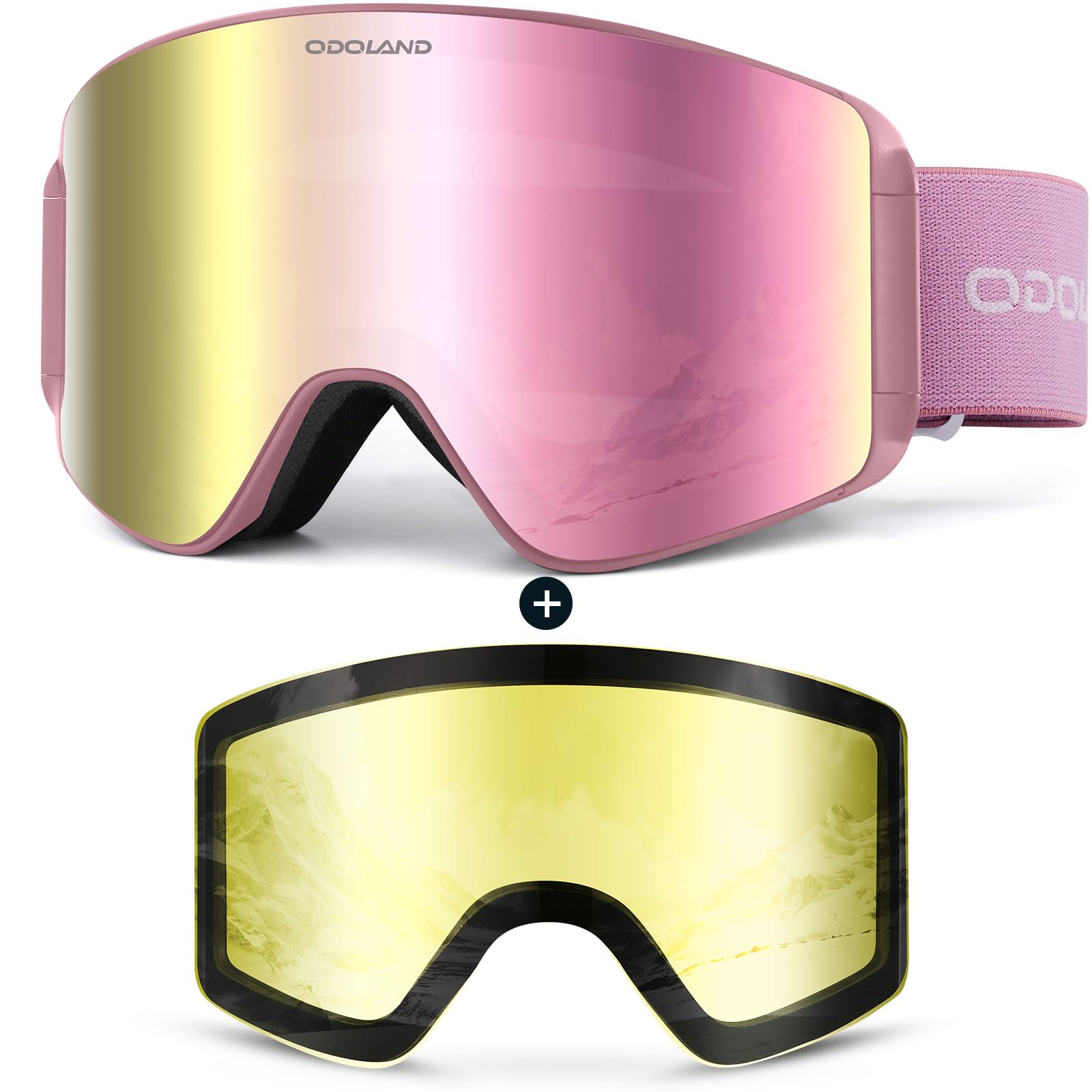 Odoland Ski Goggles Set with Detachable Lens, Frameless Interchangeable Lens, Anti-Fog UV Protection Snow Goggles for Men and Women, Helmet Compatible - Pink Frame Rose Lens Image