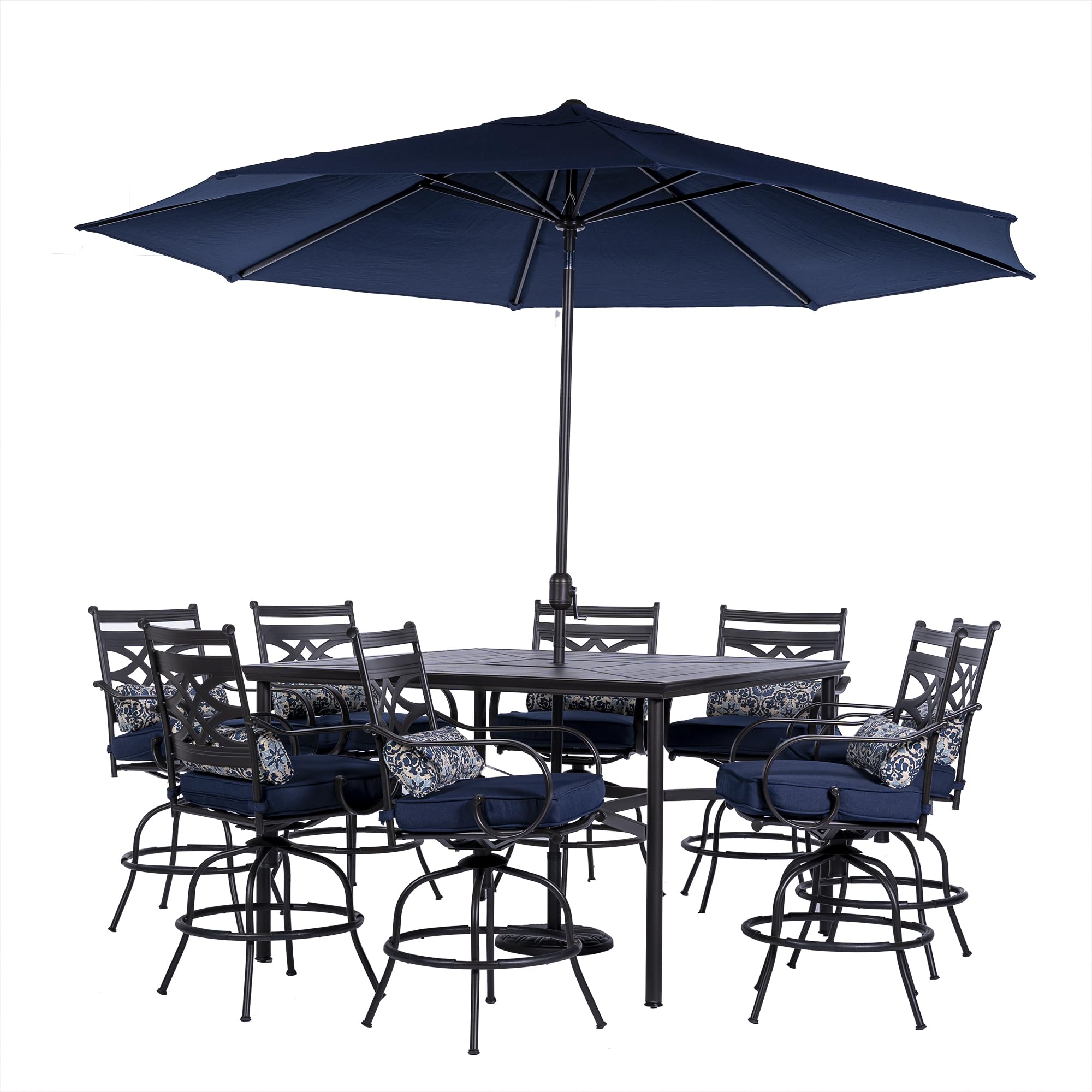 Hanover Montclair 9-Piece All-Weather Outdoor Patio High Dining Set, 8 Swivel Counter-Height Chairs with Comfortable Seat and Lumbar Cushions, 60″ Square Stamped Rectangle Table, Navy Blue
