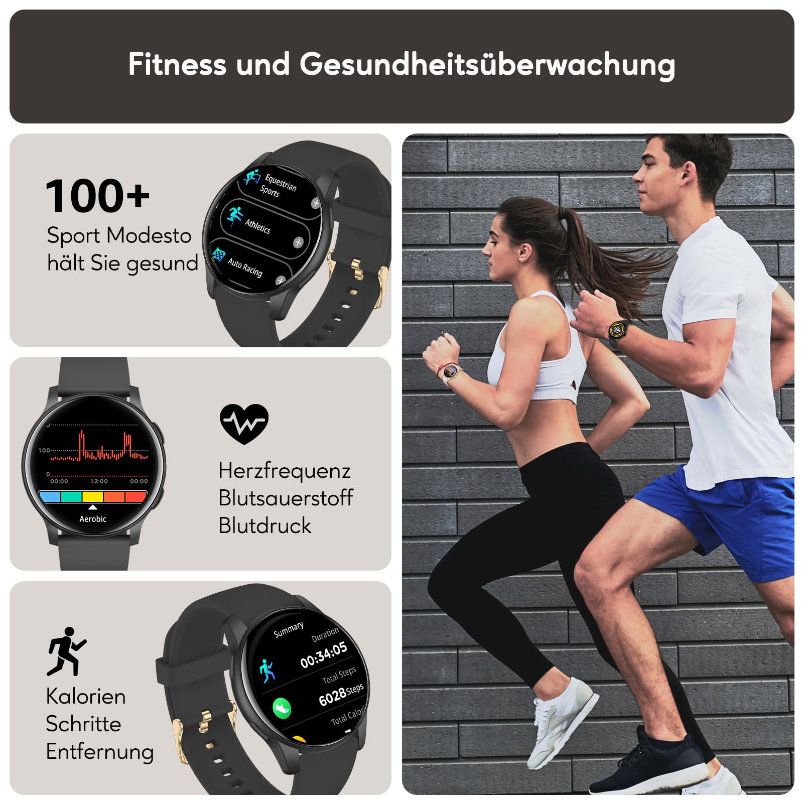 AcclaFit Smartwatch Damen Herren, 1.38 Zoll HD-Display Smart Watch mit Bluetooth Anrufe, Fitness Tracker mit Herzfrequenz SpO2 Schlafmonitor Schrittzähler, IP68 Wasserdicht Fitnessuhr iOS Black 3