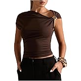 SweatyRocks Women's Asymmetrical Neck Ruched Metal T Shirt Slim Fitted Going Out Summer Tops